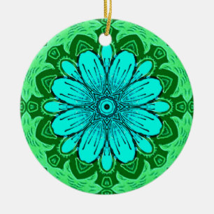 Ornamento De Cerâmica Padrão geométrico de margarida em Turquesa e Verde