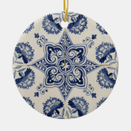 Ornamento De Cerâmica Padrão Geométrico do Flor Branco Azul-Vintage