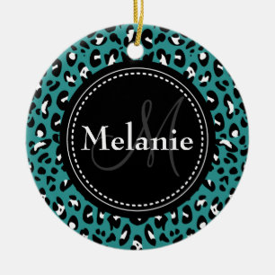 Ornamento De Cerâmica Padrão-Leopardo Branco Preto-Teal Monograma