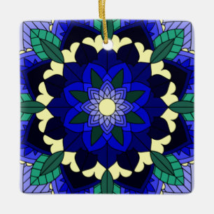 Ornamento De Cerâmica Padrão Mandala 02 em azul escuro