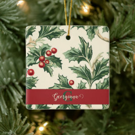 Ornamento De Cerâmica Padrão Monograma de Holly & Berries Natais vintage