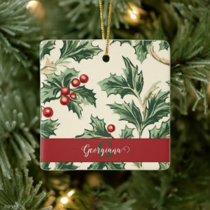 Ornamento De Cerâmica Padrão Monograma de Holly & Berries Natais vintage