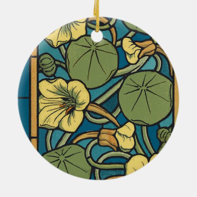 Ornamento De Cerâmica Padrão Nouveau da Flor Nasturtium Amarelo Azul (Traseira)