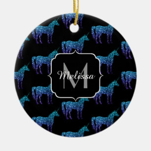 Ornamento De Cerâmica Padrão ombre azul aqua brilho Unicórnio Monograma