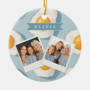 Ornamento De Cerâmica Padrão Personalizado de Ovo Frito Divertido Azul E