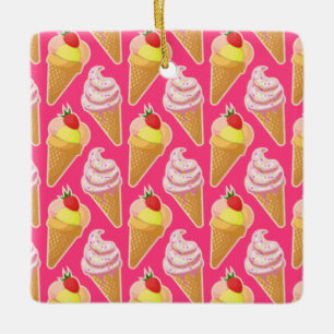 Ornamento De Cerâmica Padrão rosa Kawaii com sorvete de morango