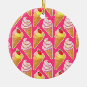 Ornamento De Cerâmica Padrão rosa Kawaii com sorvete de morango