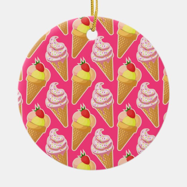Ornamento De Cerâmica Padrão rosa Kawaii com sorvete de morango (Frente)