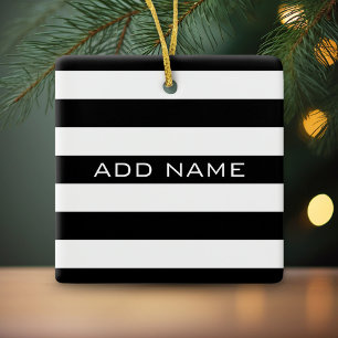Ornamento De Cerâmica Padrão Striped Preto e Branco com Nome