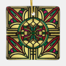 Padrão Vintage de Vidro Colorido em Dourado e Verm