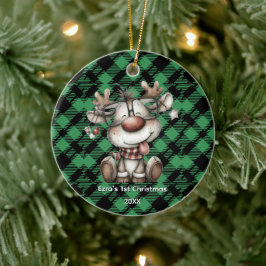 Ornamento De Cerâmica Padrão Xadrez Verde de Férias Clássico Personaliza