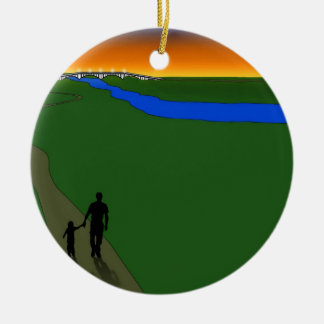 Ornamento De Cerâmica Padre E Criança À Noite Caminhando