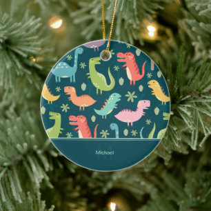 Ornamento De Cerâmica Padrões do Dinossauro Azul Criança Monograma Natal