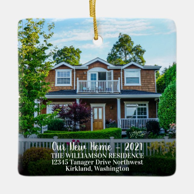 Ornamento De Cerâmica Página inicial personalizada de 2 fotos com ano, n (Frente)