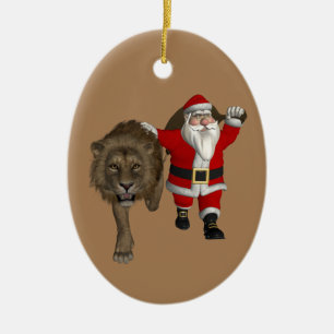 Ornamento De Cerâmica Pai Natal Caminhando Com Leão