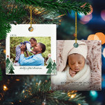 Ornamento De Cerâmica Pai Primeiro Natal Árvores Russas 2 Fotos<br><div class="desc">O primeiro Natal do pai é a tomada perfeita do Primeiro Natal do Bebê! Ornamentos Quadrados de Férias Feriadas de Natal bonitos, Modernos, mas Russos, apresentando pequenas florestas adoráveis de árvores de Natal rústicas e Feliz Natal na tipografia moderna. Adicione 2 das suas fotos favoritas para o ornamento perfeito! Entre...</div>