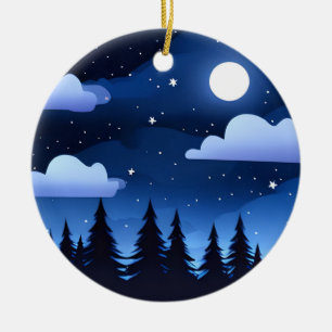 Ornamento De Cerâmica Paisagem com Estrelas e Pinheiros