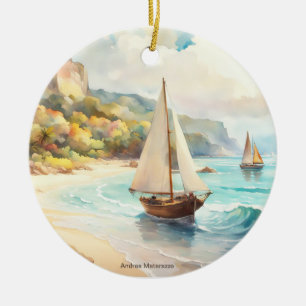 Ornamento De Cerâmica Paisagem com navios de mar e de navegação