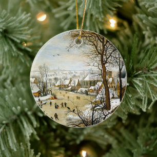 Ornamento De Cerâmica Paisagem de inverno com patinadores de gelo, árvor