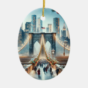 Ornamento De Cerâmica Paisagem de Inverno. Ponte de Brooklyn - Nova York