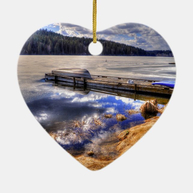 Ornamento De Cerâmica Paisagem do Lago de Inverno e de Kayak (Verso)