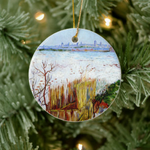 Ornamento De Cerâmica Paisagem Nevada com Arles ao Fundo de Van Gogh