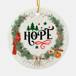 Ornamento De Cerâmica Palavra de esperança com coroa de Natal com fita