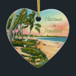 Ornamento De Cerâmica Palm Tree Beach<br><div class="desc">Vintage fantástica,  imagem retrô de cartão poste reproduzida num ornamento cerâmico. As palmeiras,  a areia e a água fazem a praia perfeita. Comprar como está ou mude o texto - Natal no Paraíso!" para dizer o que quiser.</div>
