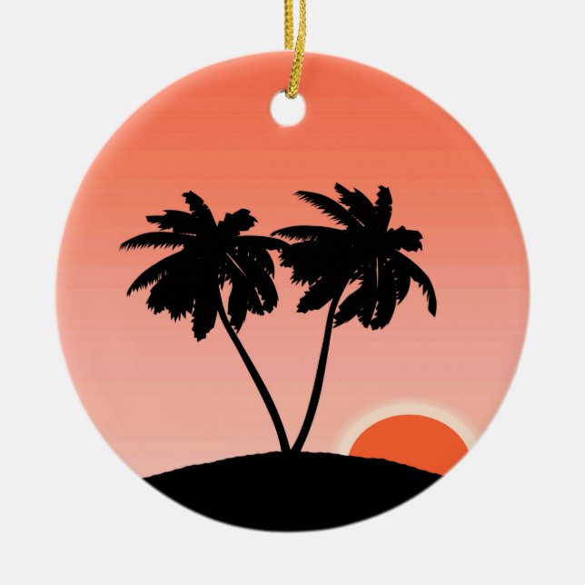 Ornamento De Cerâmica Palm Tree Silhoule Contra Sunset Orange Cerami (Frente)
