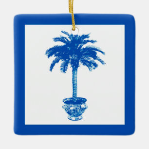 Ornamento De Cerâmica Palmeira Potted - azuis cobaltos e branco