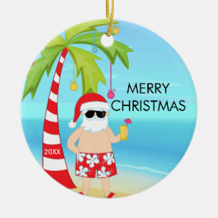 Ornamento De Cerâmica Palmeira Relaxando Papai Noel Tropical Natal