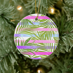 Ornamento De Cerâmica Palmeiras tropicais, listras violetas rosa moderna