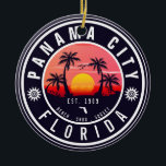 Ornamento De Cerâmica Panamá City Beach Florida Retro Sunset Palm Tree<br><div class="desc">Estas personalizadas árvores de palma da cidade do Panamá, Flórida, são da década de 60, Souvenirs. Panama City Beach Florida, lembranças retrógradas de praia. design de viagem para amantes de verão. este design de época retrógrada é uma ideia de feriado, aniversário e presente de férias de verão. - Você pode...</div>