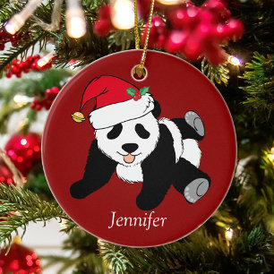 Ornamento De Cerâmica Panda Bear Kids Monograma Vermelho, Natal Personal