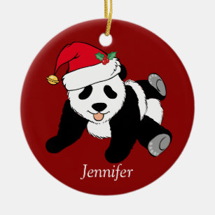 Ornamento De Cerâmica Panda Bear Kids Monograma Vermelho, Natal Personal