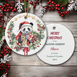 Ornamento De Cerâmica Panda Bear Wreath Grandson Natal