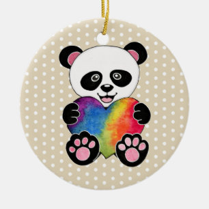 Ornamento De Cerâmica Panda bonito da aguarela com coração do arco-ír