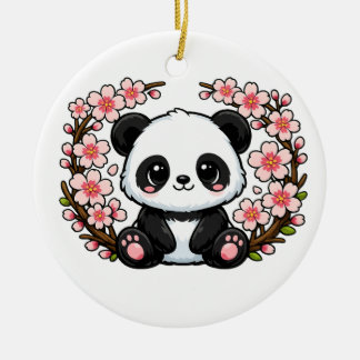 Ornamento De Cerâmica Panda Fofo Sentado em Flores de Cerejeira