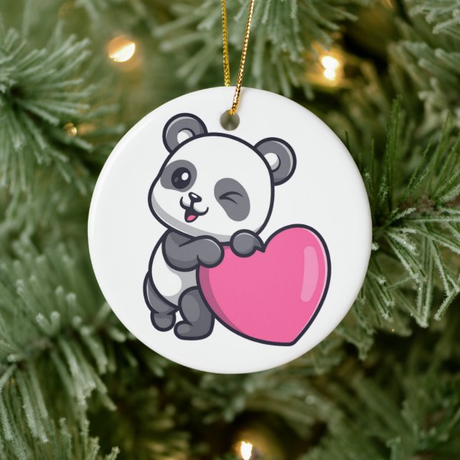 Ornamento De Cerâmica Panda Piscando Com Coração Rosa (Árvore)