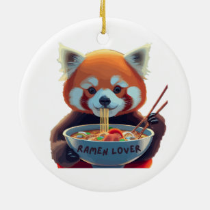 Ornamento De Cerâmica Panda Vermelha comendo uma tigela de ramen