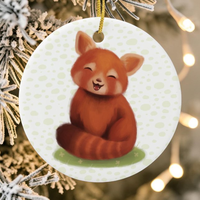 Ornamento De Cerâmica Panda Vermelho (A cute red panda smiling, hand-painted on a christmas bauble for the tree.)