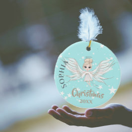 Ornamento De Cerâmica Panteras de Anjo do Natal Foto Cor-de-Rosa Azul