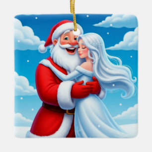 Ornamento De Cerâmica Papai Noel Abraçando uma Rainha da Neve
