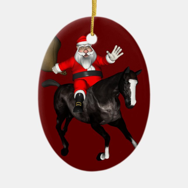 Ornamento De Cerâmica Papai Noel Andando Cavalo Negro (Frente)