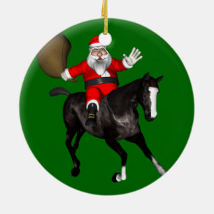 Ornamento De Cerâmica Papai Noel Andando Cavalo Negro