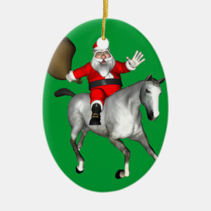 Ornamento De Cerâmica Papai Noel Andando Um Cavalo De Cinza