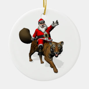 Ornamento De Cerâmica Papai Noel Andando Um Tigre