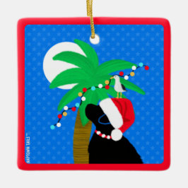 Ornamento De Cerâmica Papai Noel ao Luar Cachorro Preto Aparando Palmeir