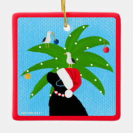 Ornamento De Cerâmica Papai Noel Black Lab Aparando a Palmeira de Natal