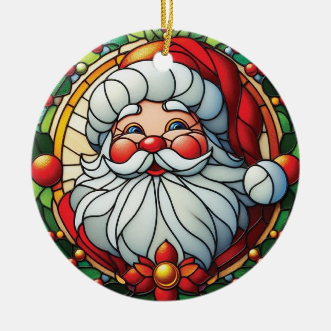 Ornamento De Cerâmica Papai Noel Clássico com Coroa de Azevinho (Frente)